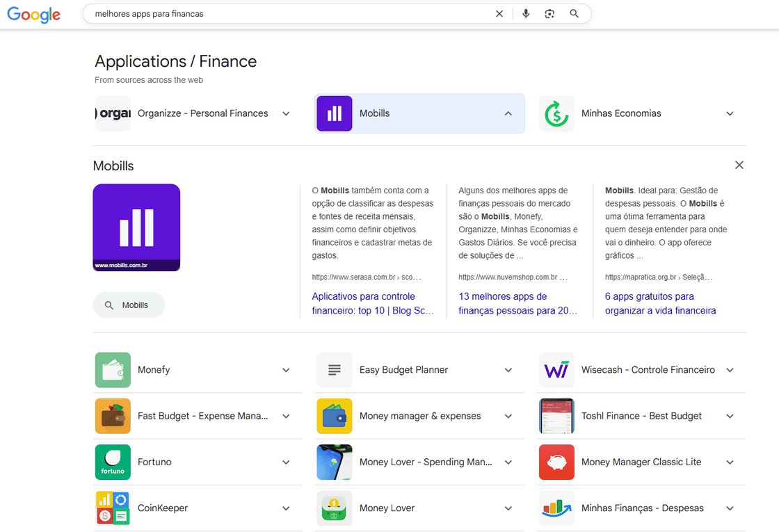 Resultados de busca no Google para aplicativos de finanças pessoais, destacando o Mobilis, Organizze e outros como Money Lover e Wisecash, com funcionalidades como controle de despesas, metas financeiras e relatórios gráficos.