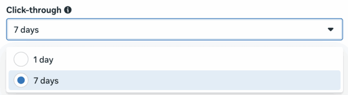 Configuração de atribuição com o título 'Click-through'. As opções disponíveis são '1 day' e '7 days', com a opção '7 days' selecionada