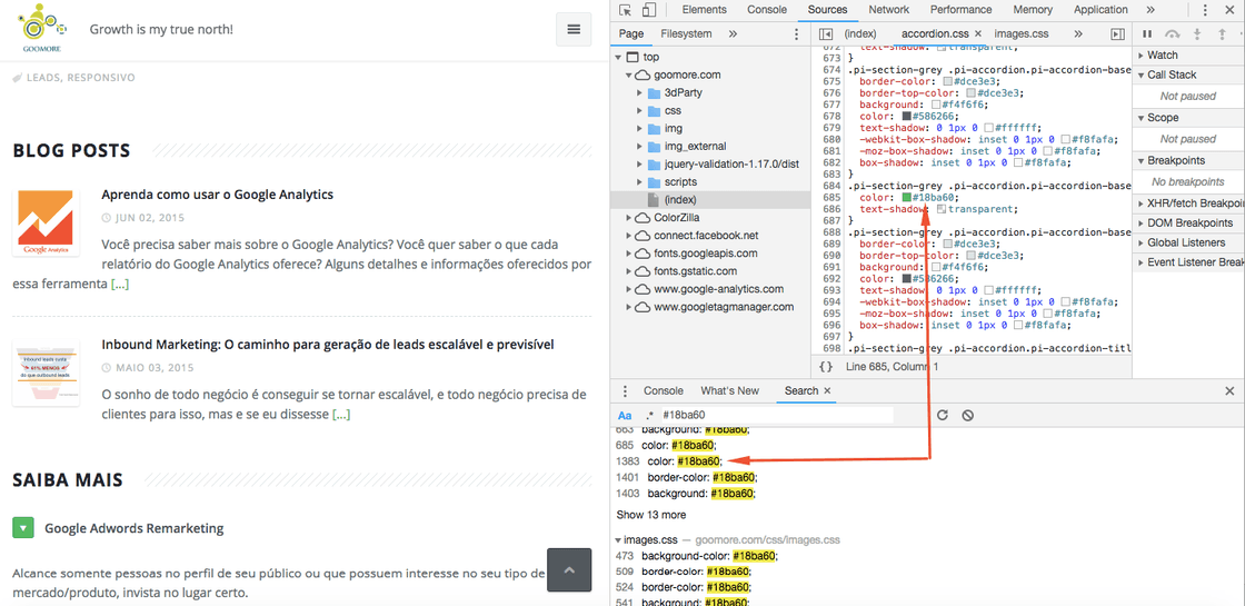 Selecionando um atributo de cor HTML no Inspecionar Elemento