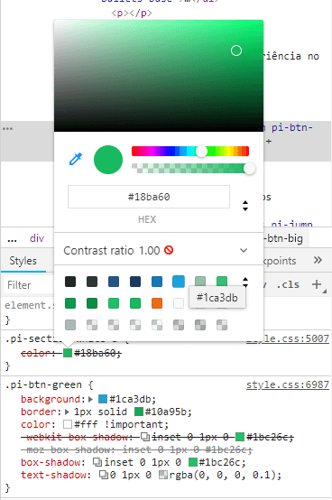 Usando a ferramenta de paleta de cores do DevTools