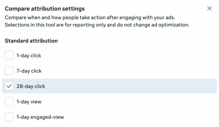 Ferramenta de comparação de janelas de atribuição do Meta Ads, permitindo analisar o impacto de diferentes modelos de atribuição nas métricas de conversão. A opção '28-day click' está selecionada, capturando conversões que ocorrem até 28 dias após o clique no anúncio.