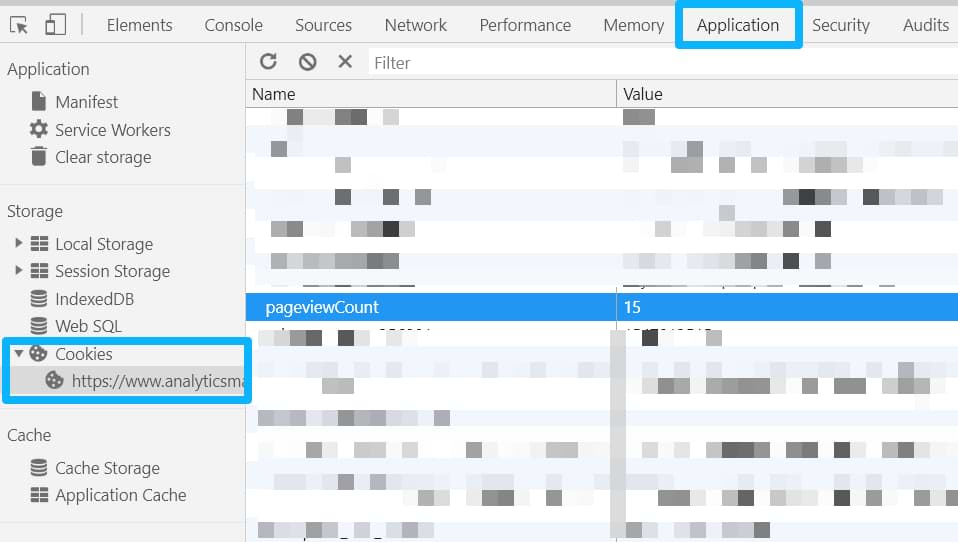 Visualização do armazenamento de cookies no navegador, mostrando o valor atual do cookie 'pageviewCount'.