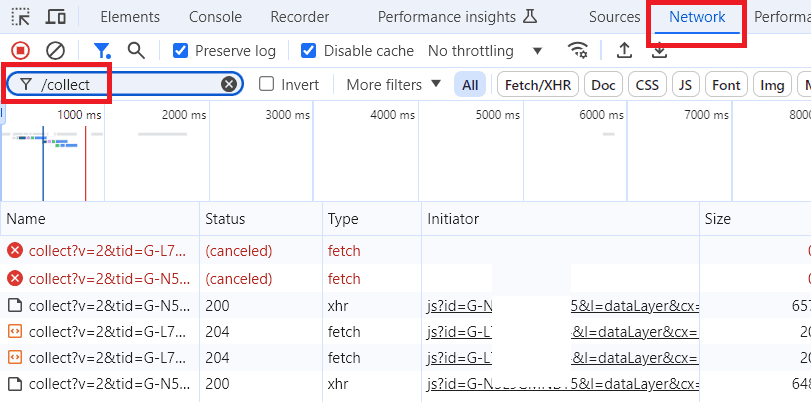 Monitoramento de requisições do Google Analytics na aba Network do DevTools. As chamadas 'collect' representam o envio de dados de medição para os servidores do GA, com parâmetros como versão do protocolo (v=1, v=2) e ID da propriedade (tid). A análise dessas requisições ajuda a depurar a implementação do tracking.