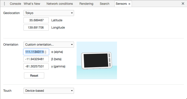 A ferramenta Touch do Developer Tools
