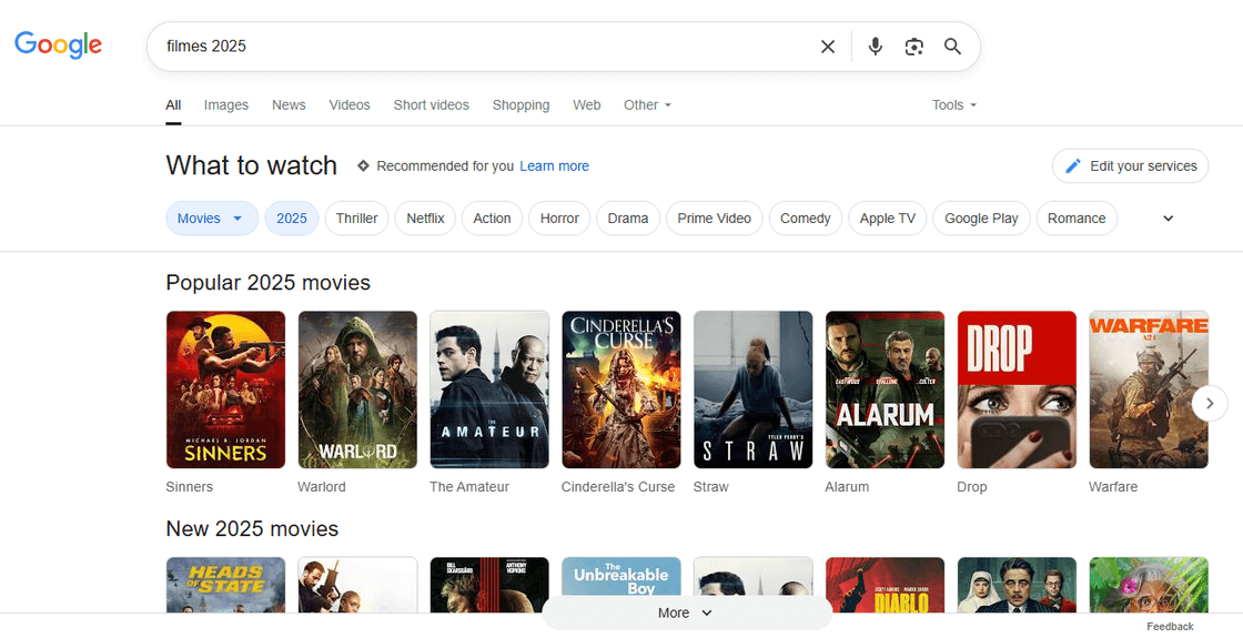 Resultados de busca no Google para 'filmes 2025', destacando recomendações por gênero (suspense, ação, terror), plataformas (Netflix, Prime Video) e listas de filmes populares como 'Simers' e 'The Amateur'.
