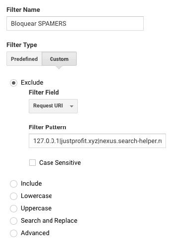 Filtro excluindo a referência de spamers no Google Analytics