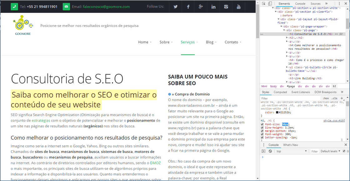 Aumentando o tamando de um elemento de texto HTML no Developer Tools