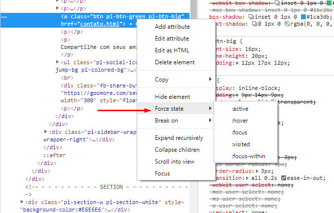 Alterando o estado de um elemento HTML usando do Developer Tools