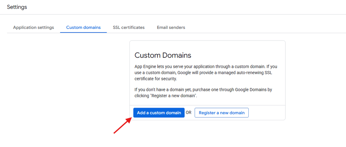 Interface do Google App Engine para configuração de domínios personalizados. Esta etapa permite substituir a URL padrão do serviço (como as do Cloud Run) por um domínio próprio, com certificado SSL automático incluso. Para o tagging server do GTM, essa configuração é recomendada para melhorar a confiabilidade e evitar bloqueios por ad-blockers.