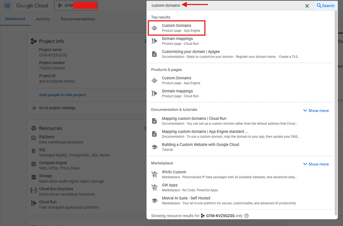 Pesquisa por 'custom domains' no Google Cloud Platform como parte da configuração do container server-side do GTM. A documentação sobre mapeamento de domínios personalizados no Cloud Run é essencial para substituir a URL padrão (.run.app) por um domínio próprio, melhorando a confiabilidade do tagging server e evitando bloqueios por ad-blockers.