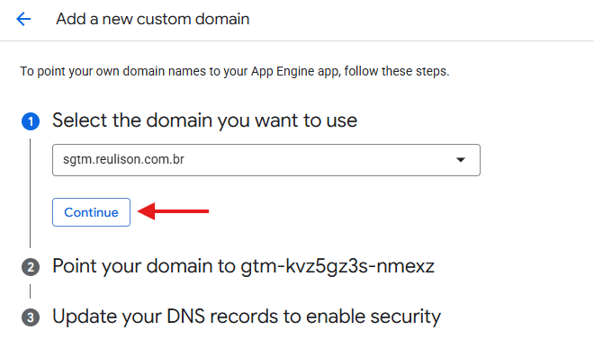Após clicar em 'Continue', será necessário configurar os registros DNS e habilitar a segurança SSL para que o servidor de tagging seja acessível através deste endereço personalizado.