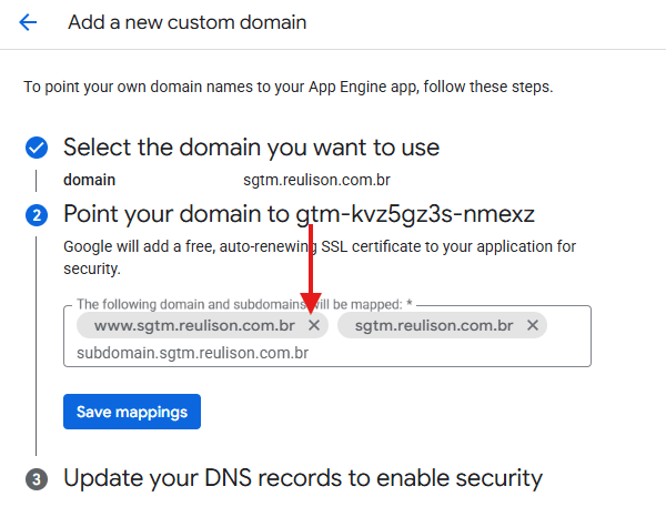 Mapeamento de subdomínios para o tagging server no Google App Engine. Os subdomínios listados (www, raiz, subdomain) serão vinculados ao projeto, com certificado SSL automático incluso. Os ícones ✖ ao lado de alguns subdomínios podem indicar conflitos de DNS ou necessidade de configuração adicional antes da ativação completa.