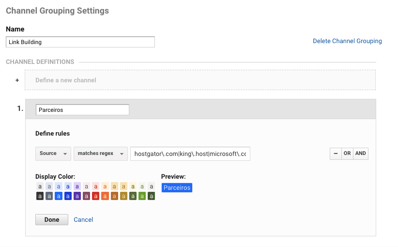 Agrupamento de canais usando expressão regular no Google Analytics