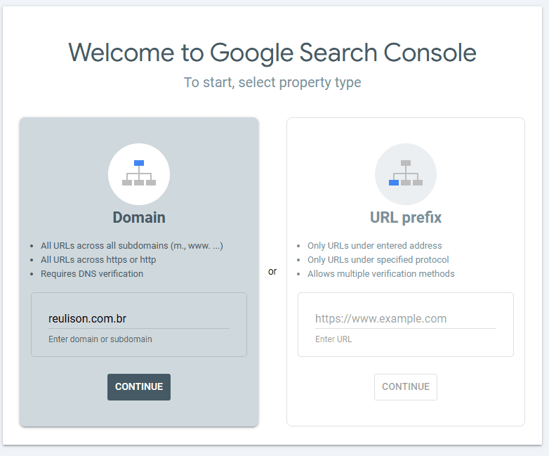 Configuração inicial de propriedade no Google Search Console. O tipo 'Domain' (Domínio) é a opção mais abrangente, cobrindo todas as subdomínios e protocolos, mas exige verificação via DNS. Já o tipo 'URL prefix' é mais restrito, limitado ao endereço e protocolo exatos. Para o domínio 'reulison.com.br', a escolha entre os dois métodos depende do escopo desejado e da capacidade de modificar os registros DNS.