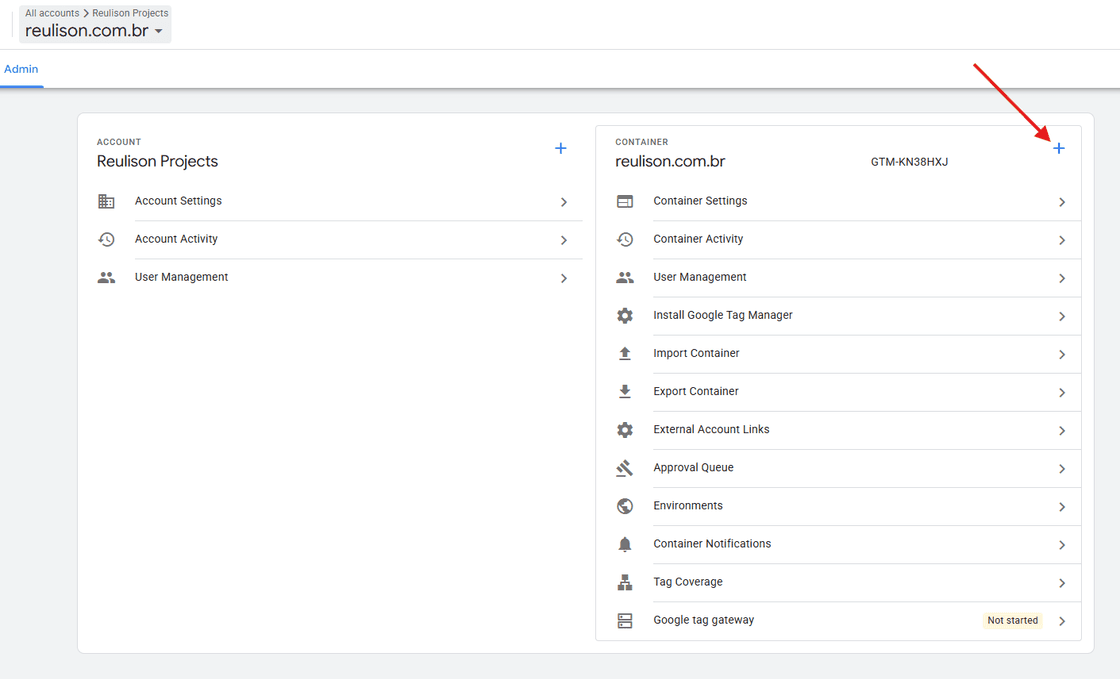 Configuração do Google Tag Manager para implementação server-side. A opção 'Google tag gateway', com status 'Not started', é o ponto de entrada para configurar um container server-side, permitindo o envio de dados diretamente para um ambiente de tagging no servidor, em vez de depender exclusivamente do envio client-side pelo navegador.