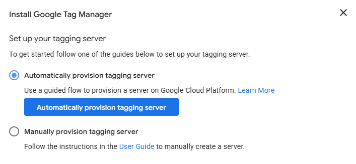 Configuração inicial de um container server-side no Google Tag Manager. O usuário pode optar pelo provisionamento automatizado no Google Cloud Platform, que guia a criação da infraestrutura passo a passo, ou pelo provisionamento manual, seguindo a documentação oficial. Esta é a etapa fundamental para ativar o ambiente de tagging no servidor.