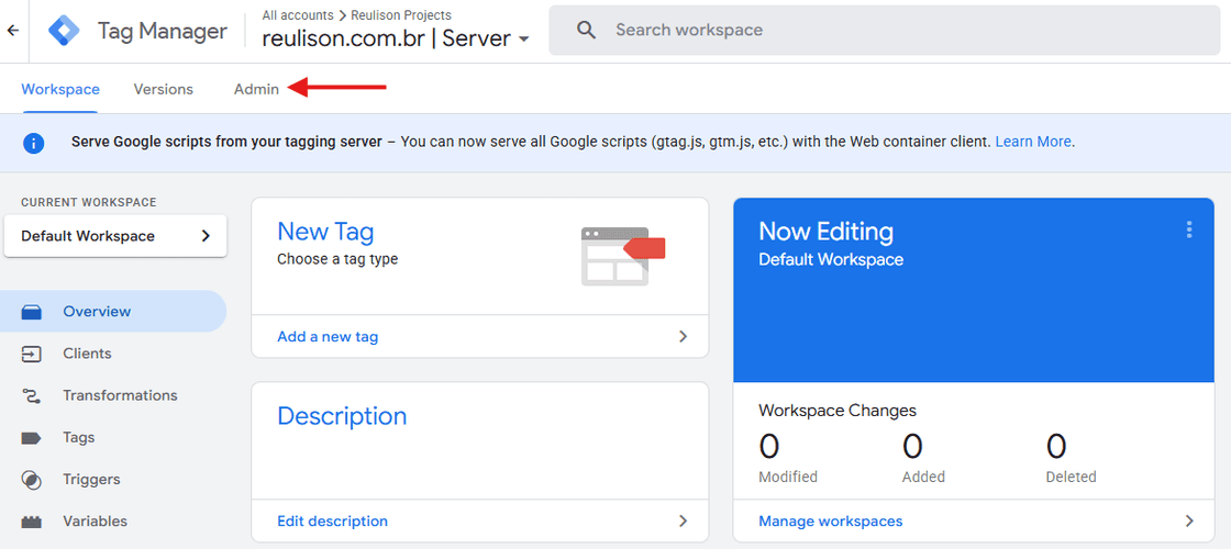 Interface administrativa do container server-side do Google Tag Manager. A aba 'Admin' no topo dá acesso às configurações de conta e container, enquanto o menu lateral à esquerda apresenta os componentes específicos do ambiente server-side, como 'Clients' e 'Transformations', que não existem no GTM client-side tradicional. O workspace atual está limpo, sem alterações, pronto para receber configurações.