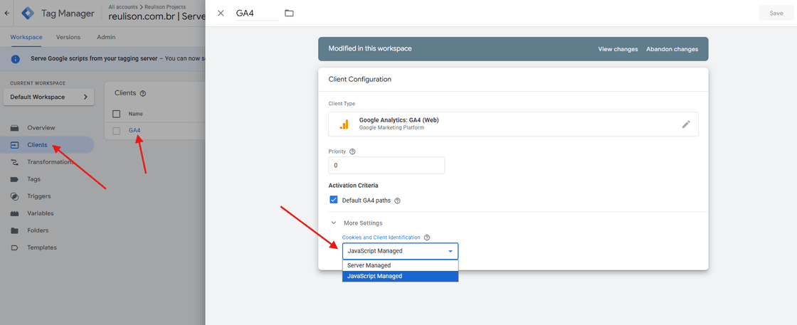 "Configuração do client GA4 no container server-side, com foco nas opções de gerenciamento de cookies. A seleção 'JavaScript Managed' indica que a identificação do cliente e o gerenciamento de cookies são delegados ao JavaScript do navegador (abordagem tradicional), enquanto 'Server Managed' permitiria que o servidor assumisse o controle desses dados, uma das vantagens da arquitetura server-side para maior privacidade e controle."