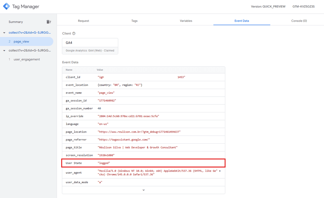 Inspeção detalhada dos dados do evento 'page_view' no container server-side, incluindo parâmetros personalizados como 'User State' (indicando usuário logado) e 'user_data_mode'. Esta visualização no modo preview permite validar não apenas os dados padrão do GA4, mas também variáveis customizadas enviadas pelo navegador e processadas pelo servidor de tagging.