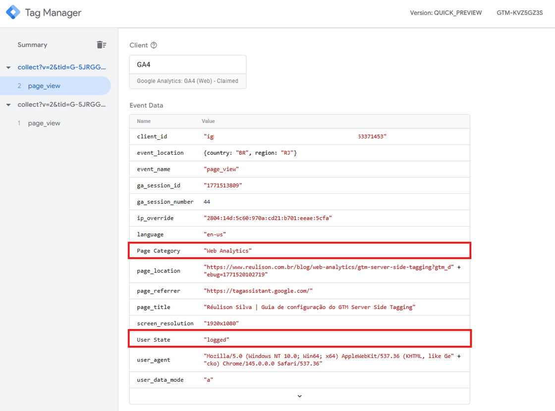 Inspeção detalhada dos dados do evento 'page_view' no container server-side, incluindo parâmetros personalizados como 'Page Category' (categoria da página) e 'User State' (usuário logado). A URL da página indica que o evento foi gerado em um artigo sobre configuração de GTM server-side, demonstrando a captura bem-sucedida de dados contextuais enriquecidos através do dataLayer.