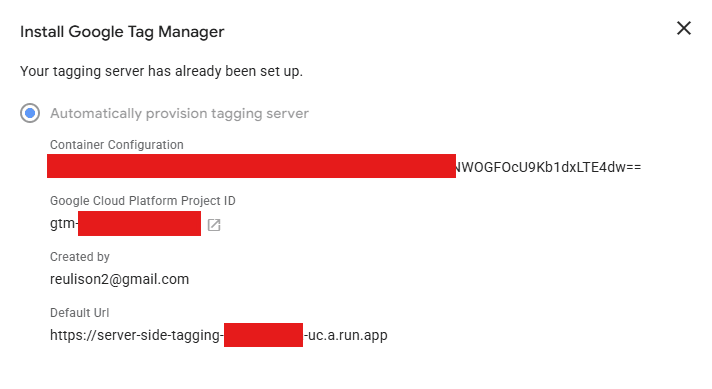Confirmação de que o servidor de tagging já foi provisionado no Google Tag Manager. A string exibida em 'Container Configuration' provavelmente representa um segredo ou token de autenticação necessário para configurar a comunicação entre o container server-side e os clients que enviarão dados para ele.