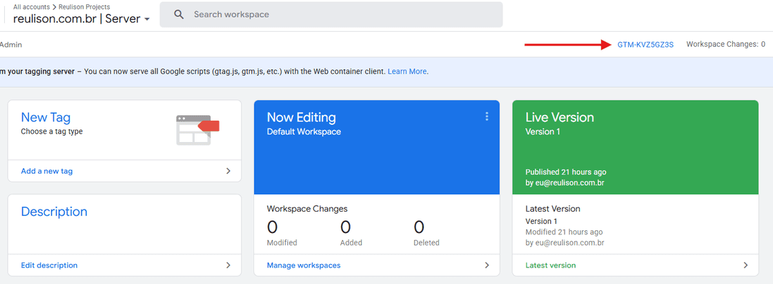 Container server-side do Google Tag Manager ativo e pronto para uso. A notificação destaca que o servidor pode servir todos os scripts do Google (gtag.js, gtm.js) através do Web container client, permitindo o envio de dados do site para o ambiente server-side. O container ID GTM-KVZ5GZ3S identifica esta implementação específica.
