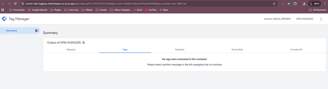 Modo de preview do container server-side do Google Tag Manager, indicando que nenhuma tag foi avaliada na requisição atual. Isso é esperado em um container recém-criado e sem configurações. O preview permite inspecionar requisições recebidas pelo servidor, mesmo que ainda não haja tags configuradas para processá-las, servindo como ferramenta de diagnóstico e validação inicial.