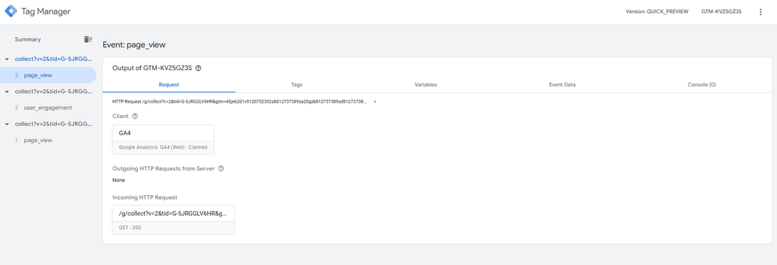 Modo preview do container server-side do Google Tag Manager mostrando o processamento bem-sucedido de uma requisição GA4. O evento 'page_view' foi recebido pelo servidor, a tag GA4 foi reconhecida ('Claimed') e a requisição foi respondida com status 200. Nenhuma requisição de saída foi feita, indicando que o servidor está apenas recebendo e processando os dados, sem encaminhá-los para outros destinos no momento.