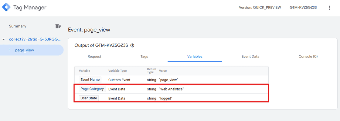 Modo preview do container server-side mostrando a avaliação de variáveis durante o processamento de um evento 'page_view'. A variável 'Event Name' (tipo Custom Event) confirma o nome do evento, enquanto a variável 'User State' (tipo Event Data) extrai corretamente o valor 'logged' dos dados do evento, validando que a configuração das variáveis personalizadas está funcionando conforme esperado.