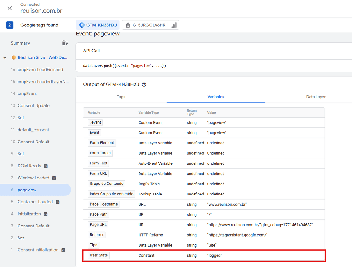 "Modo preview do Google Tag Manager client-side mostrando o evento 'pageview' e as variáveis associadas. A visualização permite inspecionar todos os dados capturados no navegador, incluindo URL, referenciador, estado do usuário e tipo de página. Esta é a etapa de validação antes do envio dos dados para o container server-side ou diretamente para o Google Analytics."