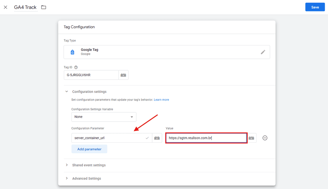 Configuração da tag GA4 (Google Tag) no Google Tag Manager para enviar dados para um container server-side. O parâmetro 'server_container_url' com o valor do domínio personalizado (https://sgm.reulsion.com.br) instrui o navegador a enviar as requisições do GA4 para o endpoint server-side em vez dos servidores padrão do Google, implementando assim o proxy server-side.