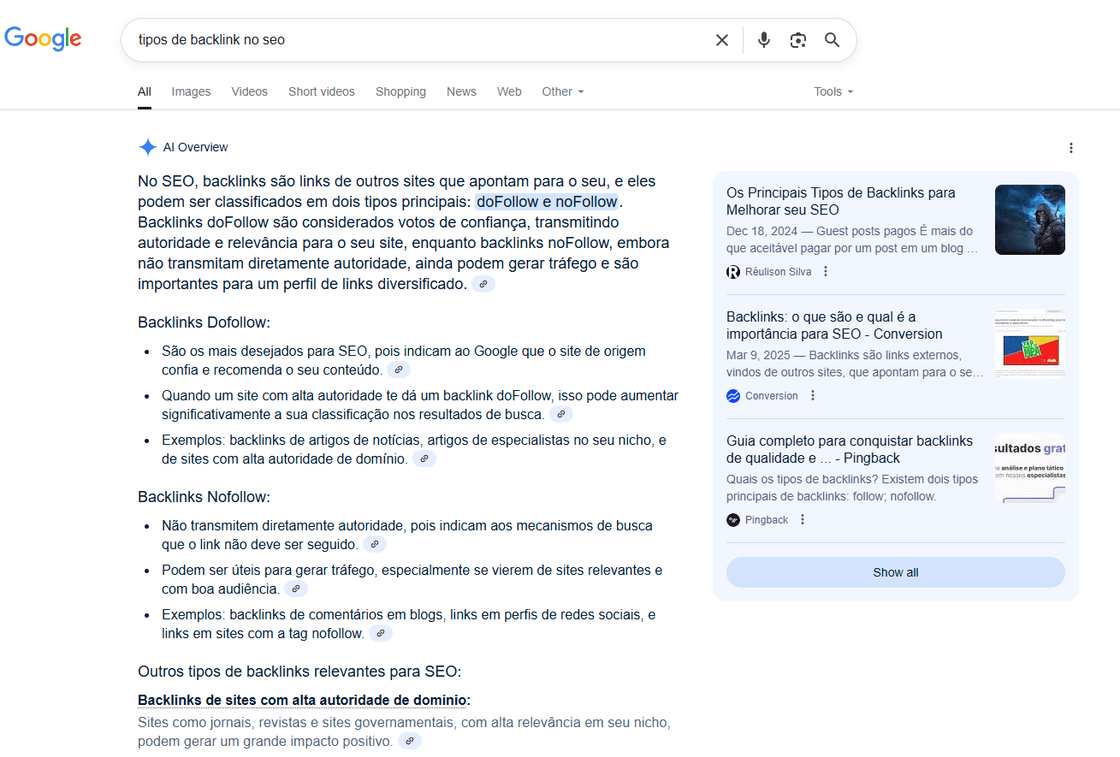 Visão geral do Google sobre tipos de backlinks no SEO, destacando as diferenças entre doFollow e noFollow, exemplos de fontes de backlinks de qualidade e sua importância para ranqueamento nos mecanismos de busca.