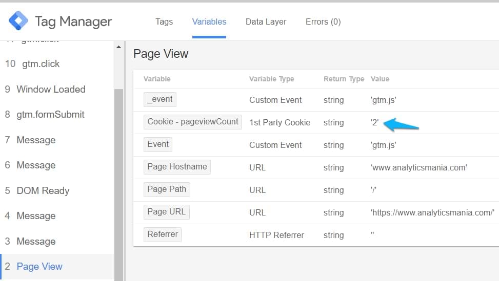 Variável Cookie – pageview count no Preview do GTM.