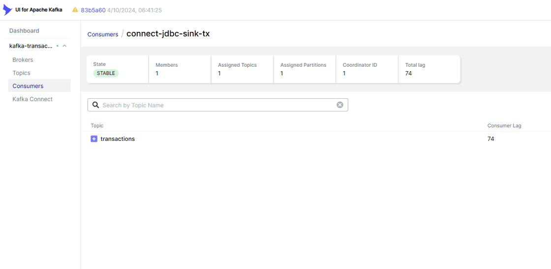 Dashboard do Kafka UI mostrando o conector JDBC Sink ativo