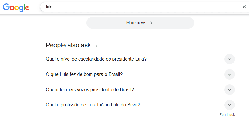Seção 'Pessoas também perguntam' do Google com dúvidas frequentes sobre o presidente Lula, incluindo escolaridade, contribuições ao Brasil, número de mandatos e profissão antes da política.