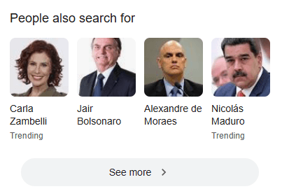 Seção 'Pessoas também pesquisam' do Google, mostrando personalidades relacionadas a Lula em buscas, como Jair Bolsonaro, Alexandre de Moraes, Nicolás Maduro e outros nomes em destaque.