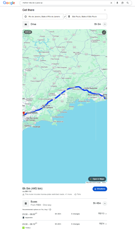 Mapa da melhor rota de carro do Rio de Janeiro para São Paulo, com trajeto principal pela BR-116, totalizando 445 km em cerca de 6 horas de viagem.