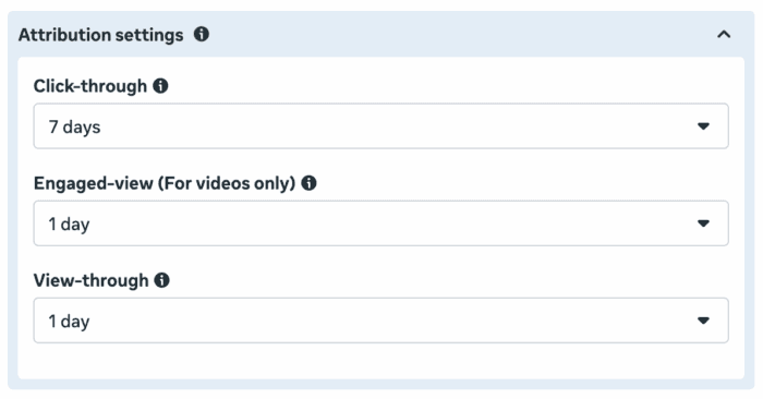 Configurações de janela de atribuição no Meta Ads, permitindo definir os períodos de atribuição para cliques, visualizações engajadas em vídeos e visualizações de anúncios.