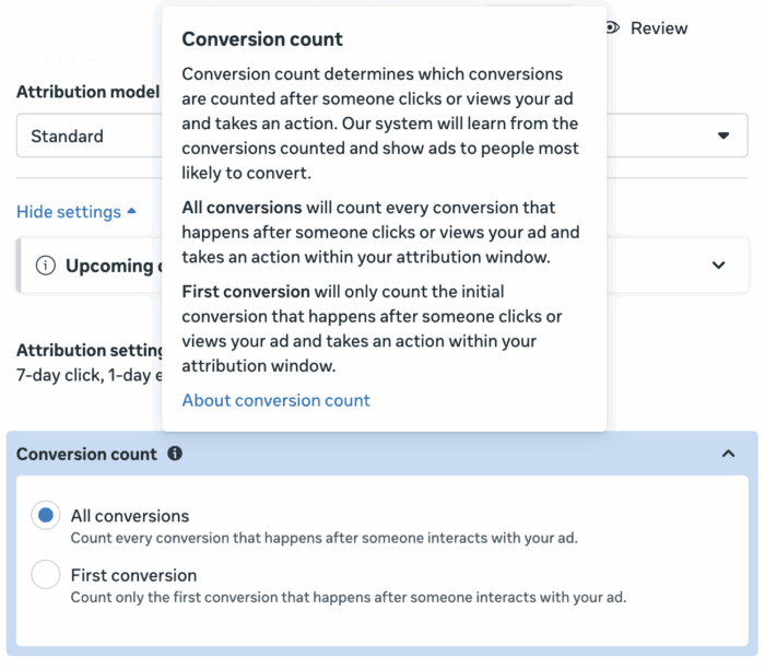 Configuração de contagem de conversões no Meta Ads, determinando como as conversões são contadas após um clique ou visualização.
