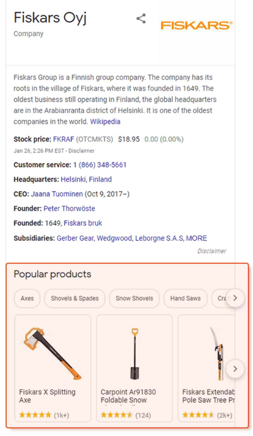 Página de produtos da Fiskars, uma das empresas mais antigas do mundo (fundada em 1649), destacando itens populares como machados, pás, serras e acessórios para jardinagem, com avaliações de clientes e informações corporativas.