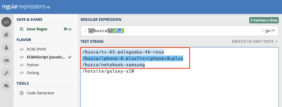 Regex para selecionar apenas URLs geradas a partir de uma busca