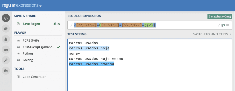 Regex101 usado para procurar com um conjunto de 3 strings separadas por espaço