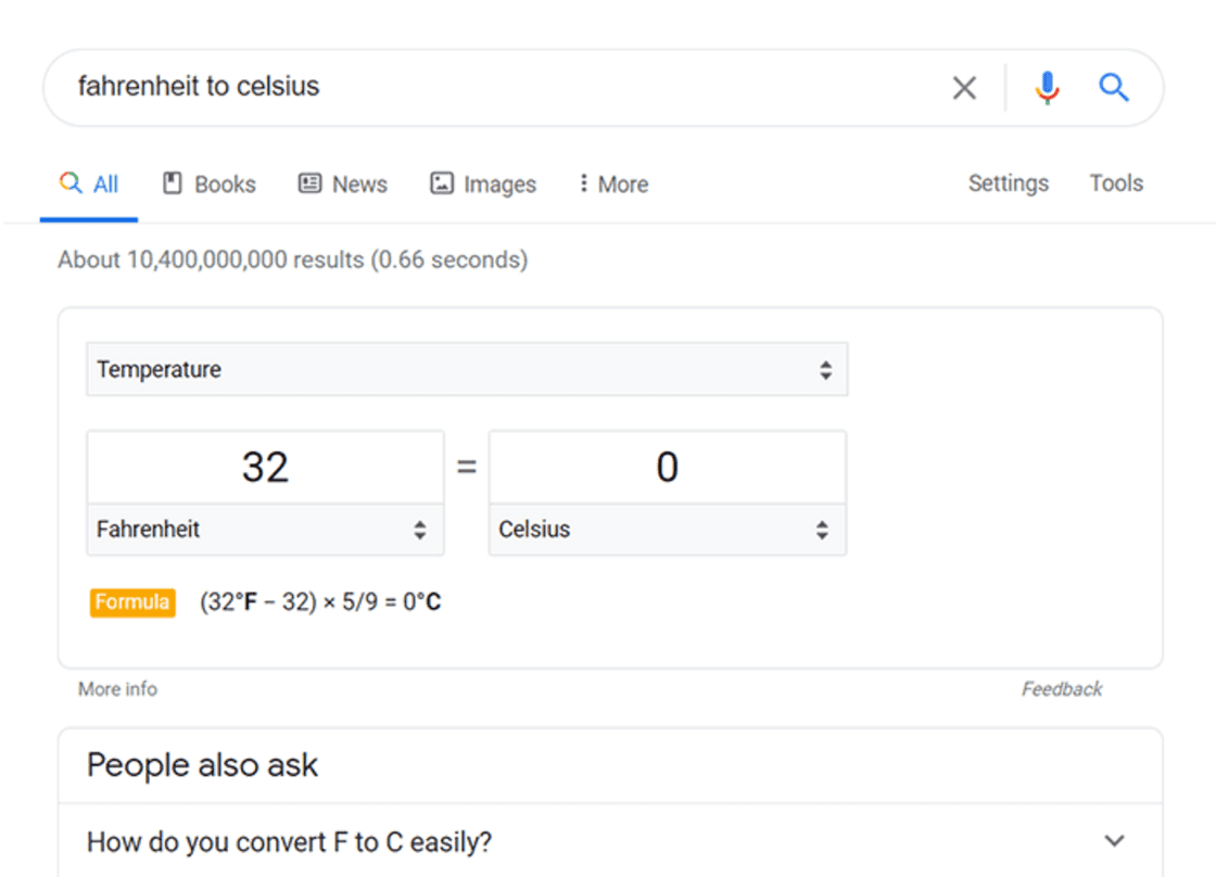 Resultados de busca para conversão de Fahrenheit para Celsius, incluindo fórmula e informações adicionais.