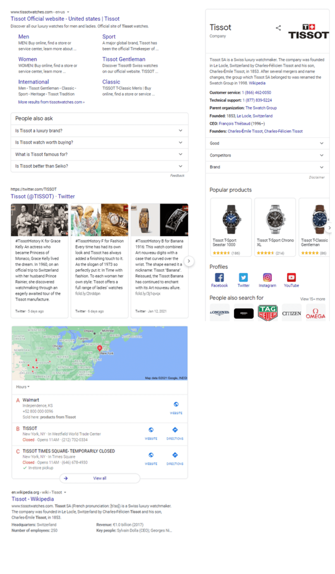 Página oficial da Tissot nos EUA, mostrando relógios de luxo para homens e mulheres, história da marca, perguntas frequentes e destaques como o modelo 'Banana' de 1916. Inclui links para redes sociais e informações corporativas.
