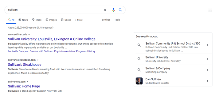 Resultados de busca no Google para o termo 'Sullivan', incluindo a Sullivan University (Louisville), Sullivan's Steakhouse, agência de branding Sullivan NY e outras entidades relacionadas, como o distrito escolar Sullivan District 300 e o senador Dan Sullivan.