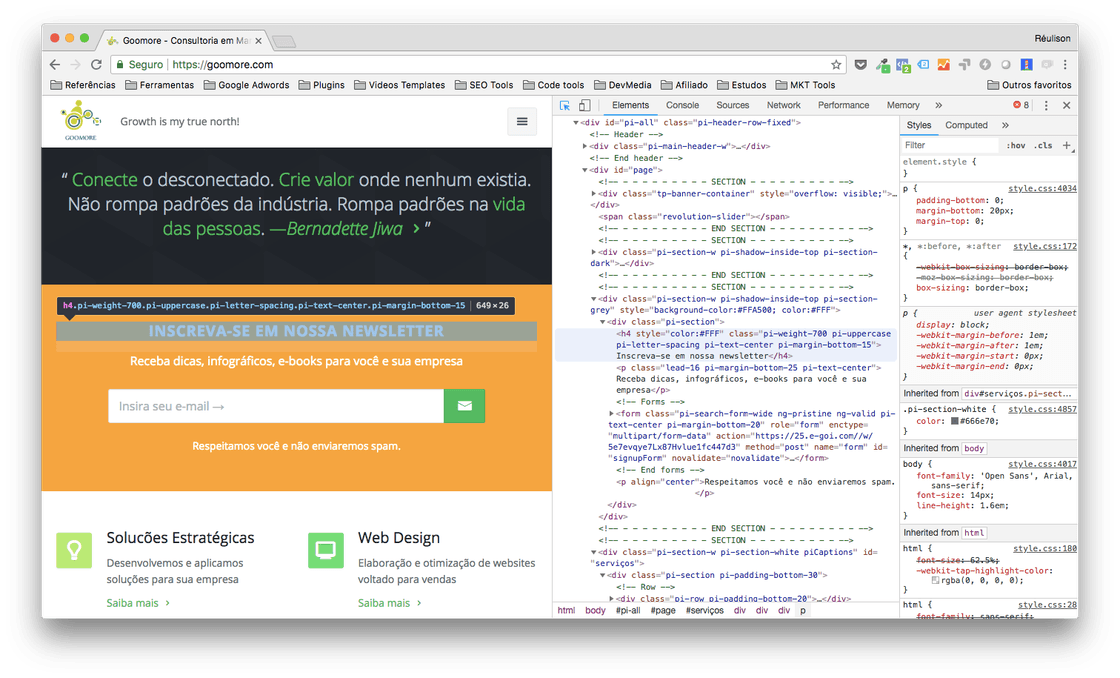 Selecionando texto no DevTools