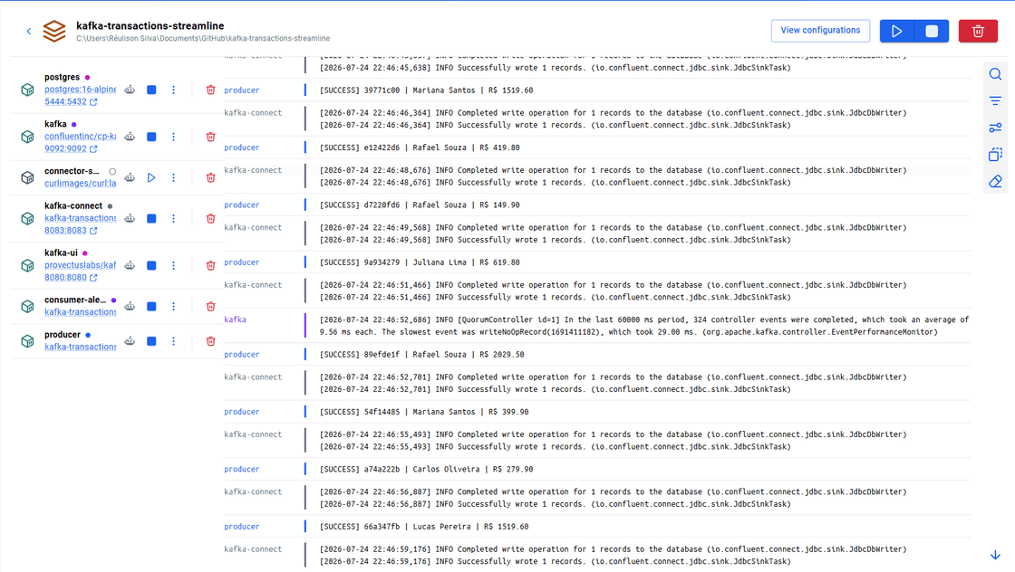 Exemplo de saída do producer no terminal mostrando transações sendo enviadas