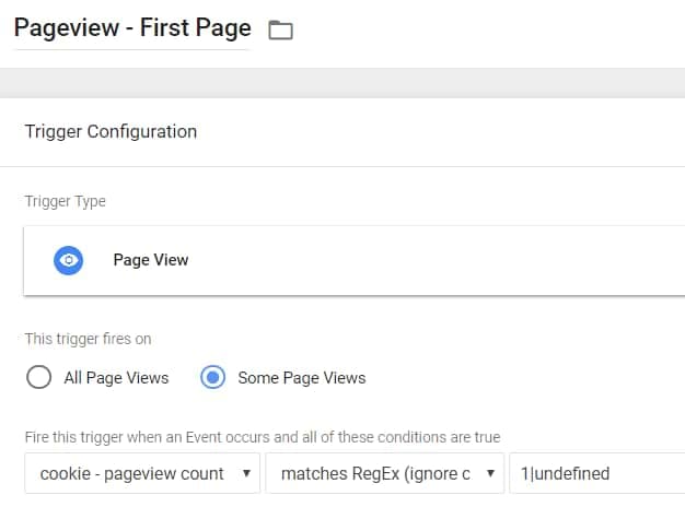 Configuração de um disparador no Google Tag Manager para acionar uma tag em algumas visualizações de página, baseado na contagem de pageview armazenada em um cookie.