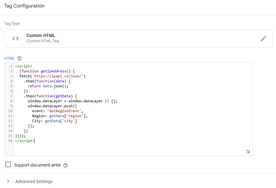 Configuração do Google Tag Manager para capturar dados de localização dos visitantes.