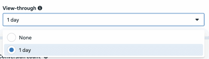 Configuração de janela de atribuição para o modelo 'View-through', que atribui conversões a usuários que visualizaram um anúncio sem necessariamente clicar.
